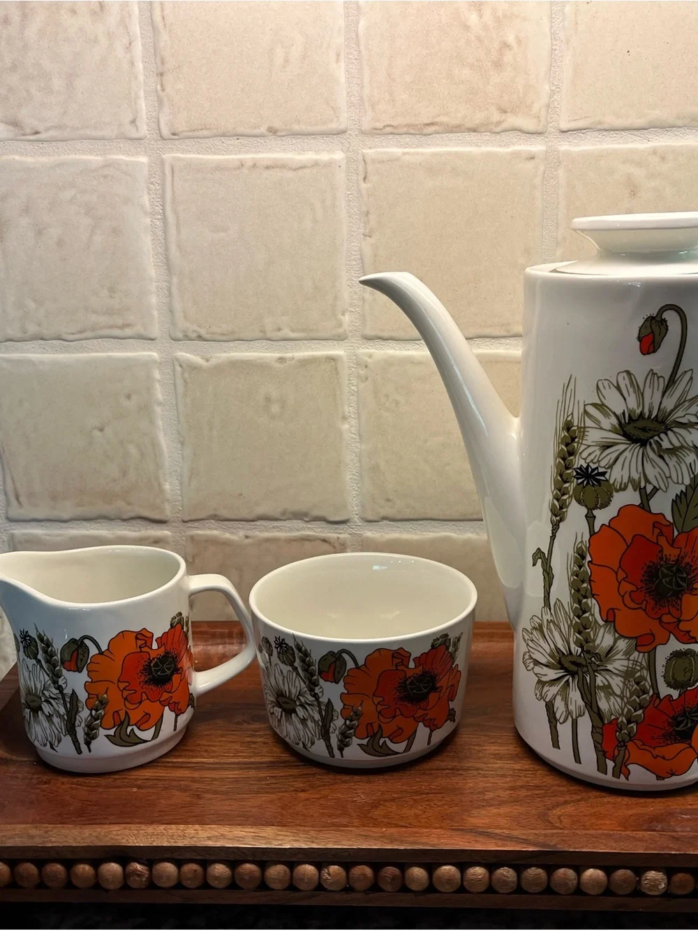 J & G Meakin of England Vtg Floral Porcelain Coffee/Tea Set Orange Poppies